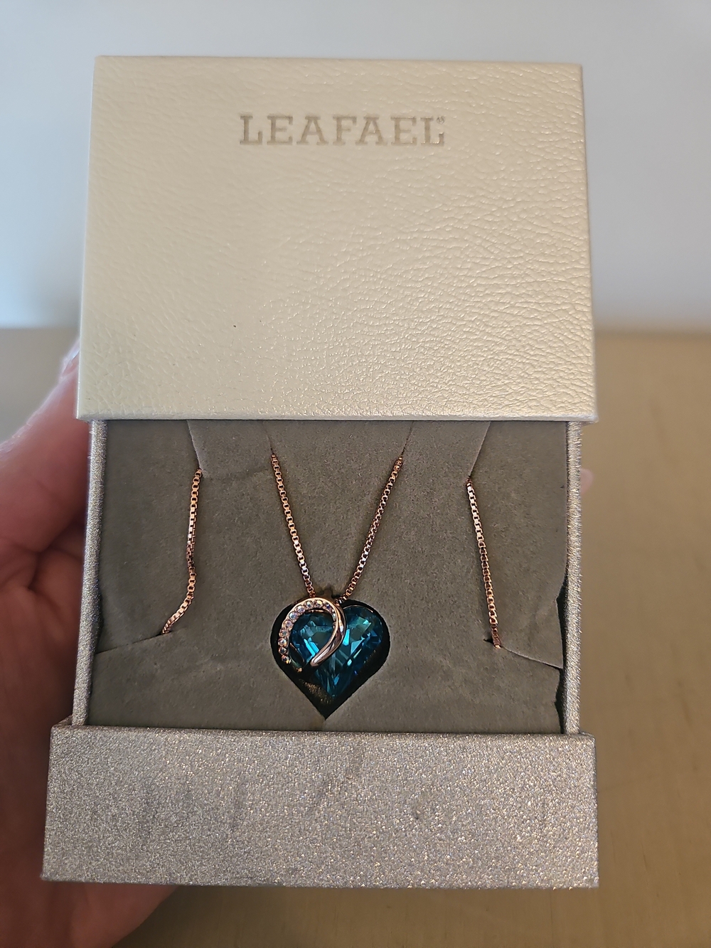 Rose Gold Heart Necklace with Teal Blue Crystal Pendant - Picture 4 of 4